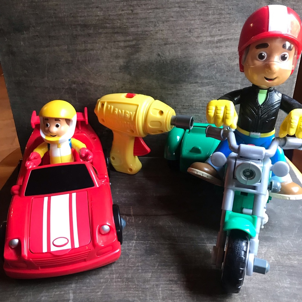 Lot Fisher Price Handy Manny 2009 Tune-Up Race Car & 2008 Fix-it Motorcycle